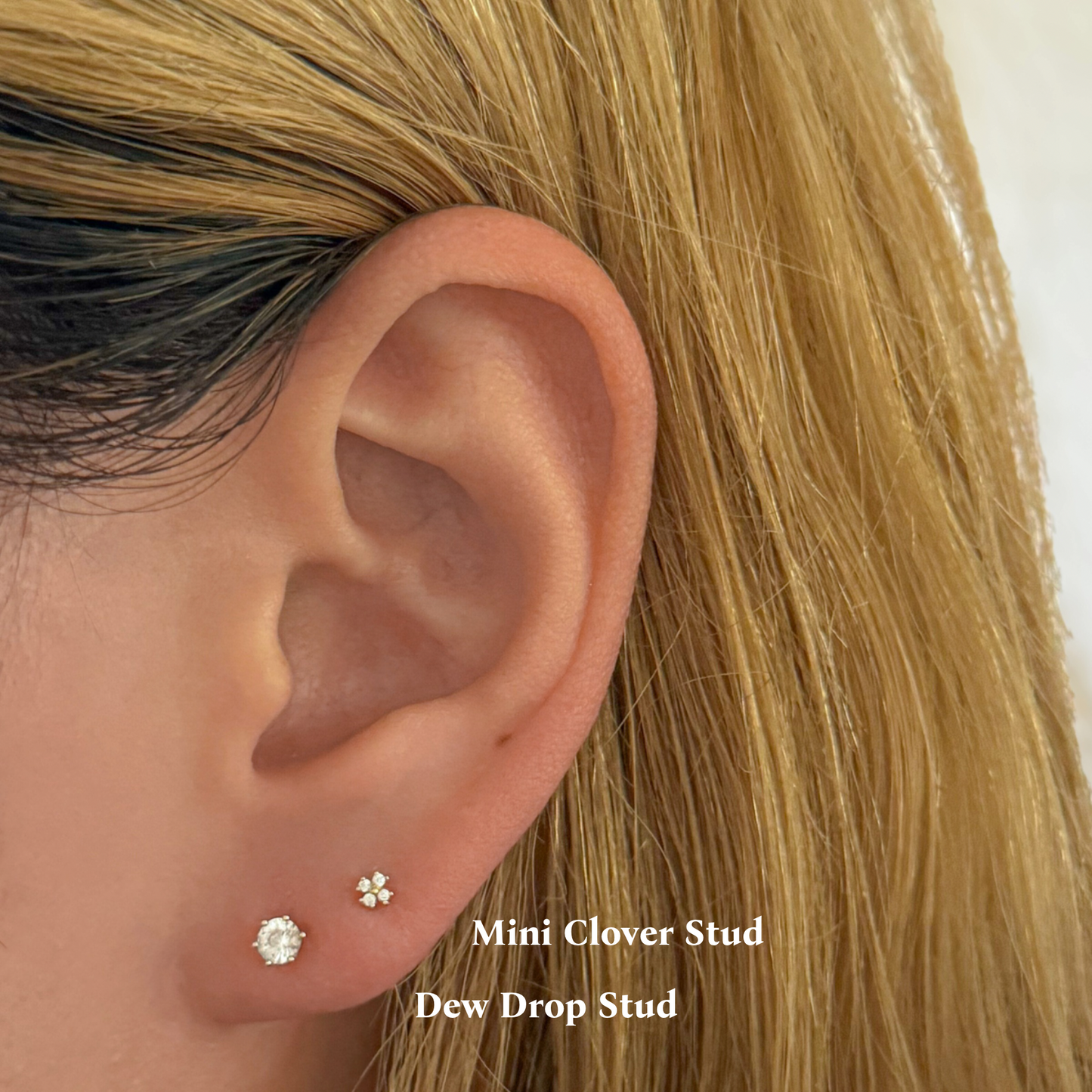 14k Solid Gold Crystal Mini Crystal Clover Stud Earring